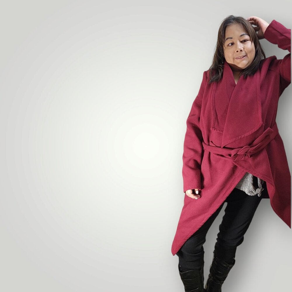Revamped Red Wrap Style Trench Coat Wide Collar Waterfall Lapel Women's Medium - Picture 2 of 8